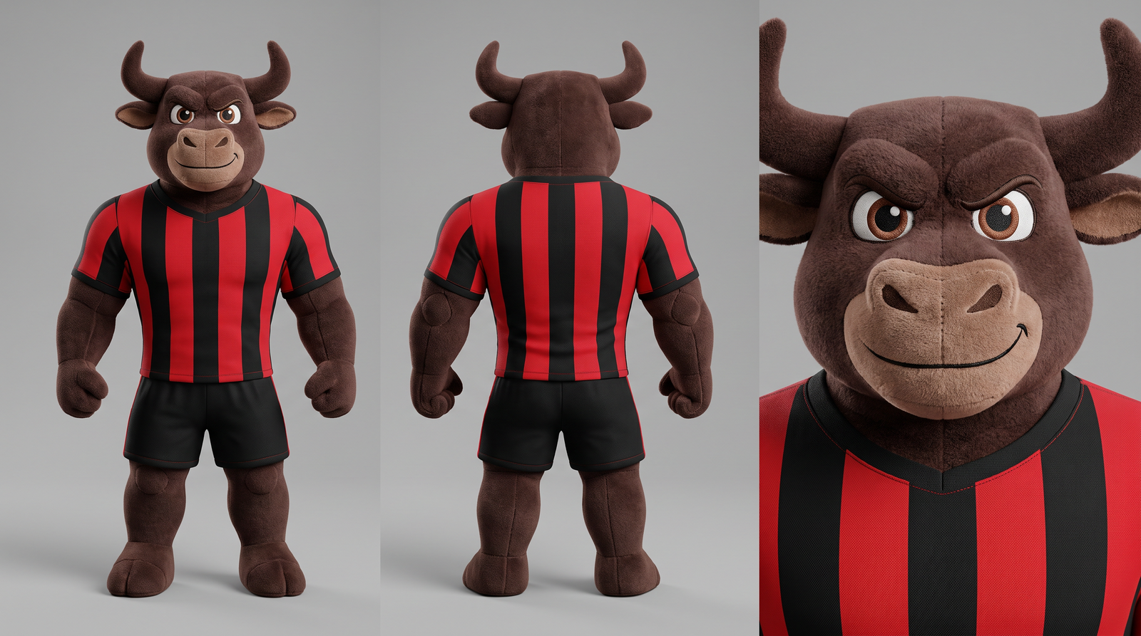 Character sheet do mascote 3D de touro criado com IA para time de futebol, em várias poses e expressões