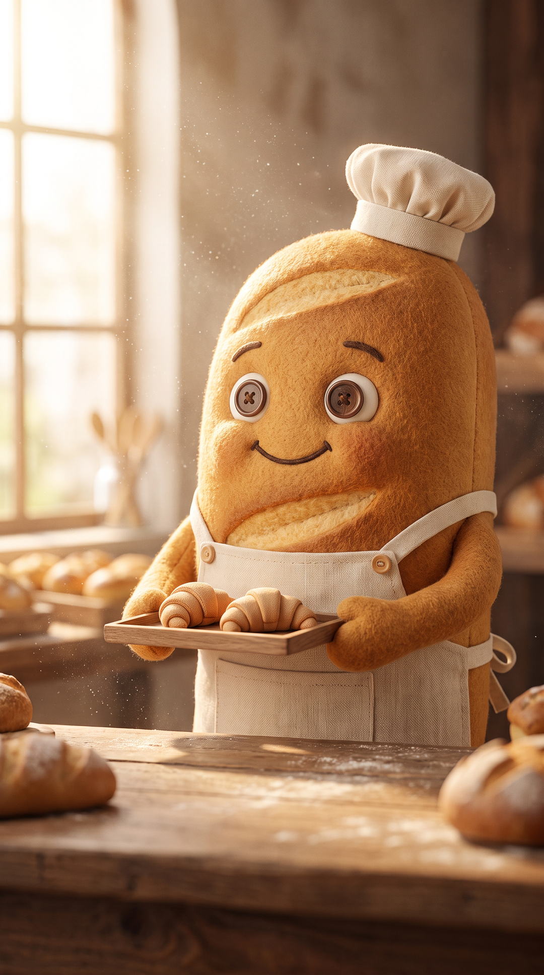 Mascote 3D de Pão Quentinho criado com IA, o rosto da padaria do bairro