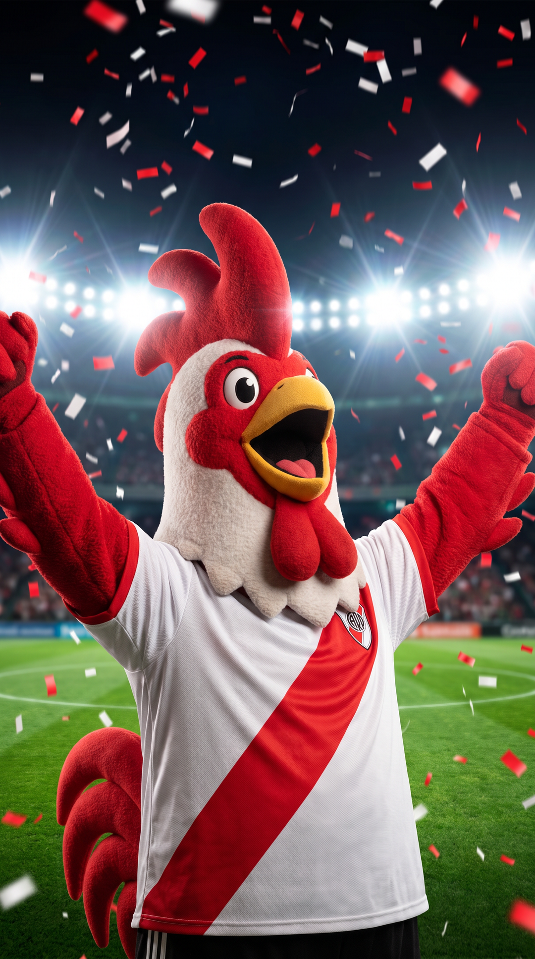 Mascote 3D de Galo da Vila criado com IA, o que comemora antes do gol